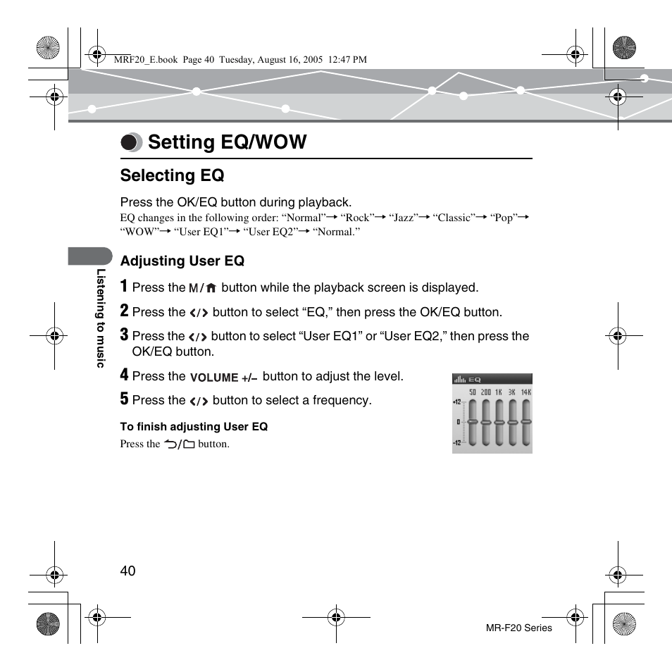 Setting eq/wow, Selecting eq | SRS Labs MR-F20 User Manual | Page 40 / 87