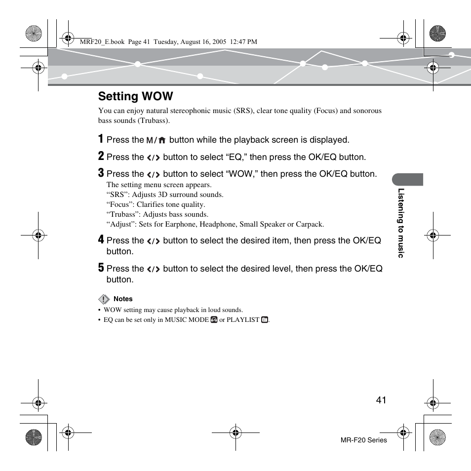 Setting wow | SRS Labs MR-F20 User Manual | Page 41 / 87
