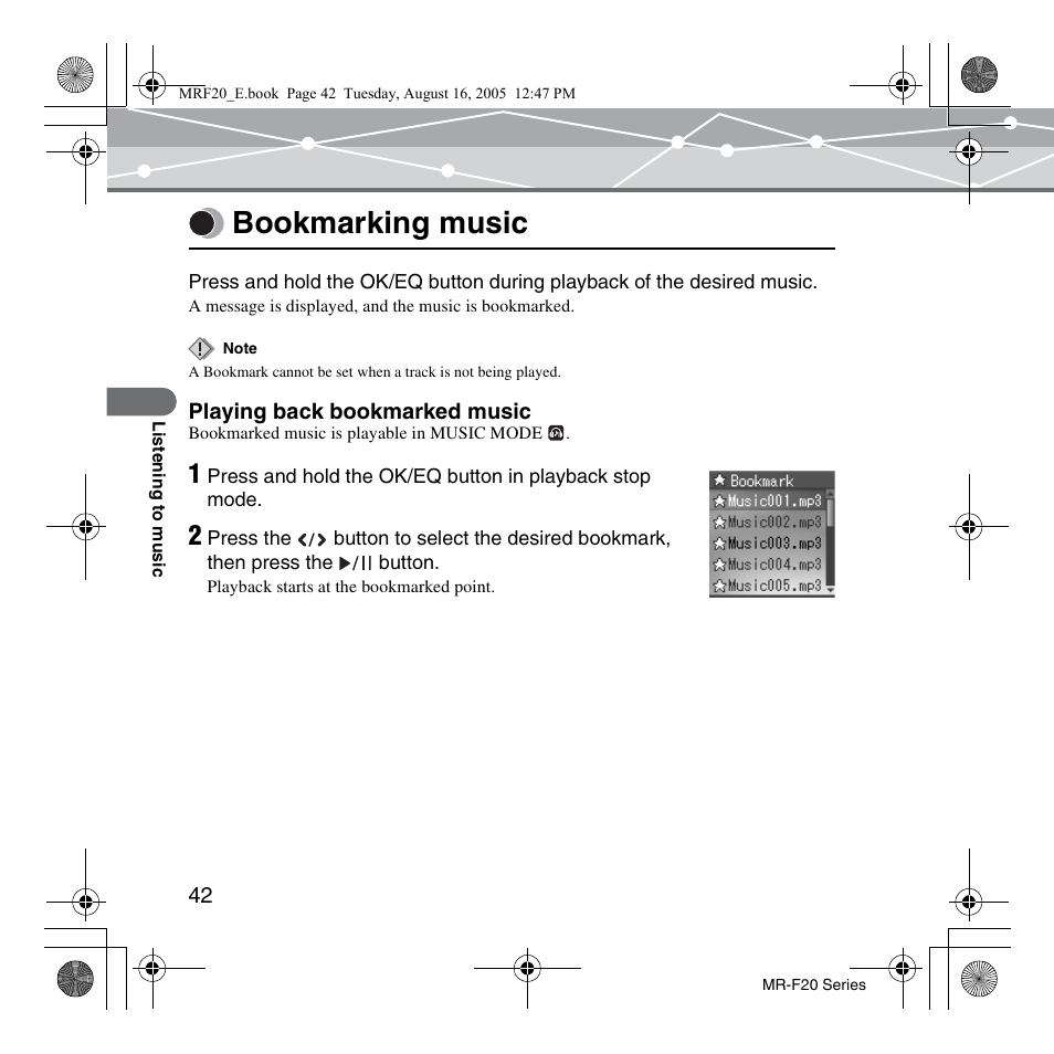 Bookmarking music | SRS Labs MR-F20 User Manual | Page 42 / 87