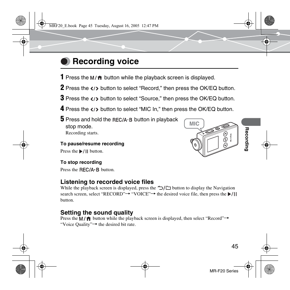 Recording voice | SRS Labs MR-F20 User Manual | Page 45 / 87