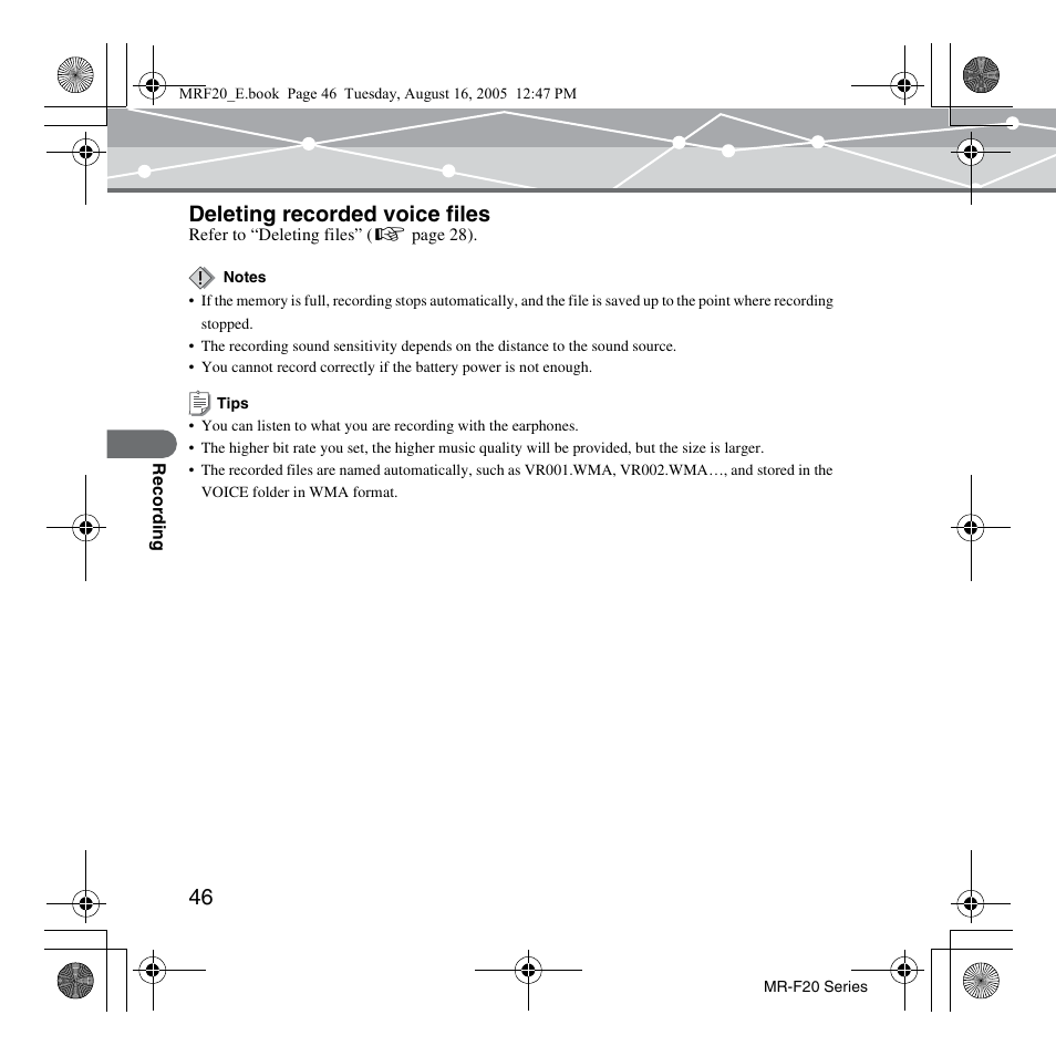 Deleting recorded voice files | SRS Labs MR-F20 User Manual | Page 46 / 87