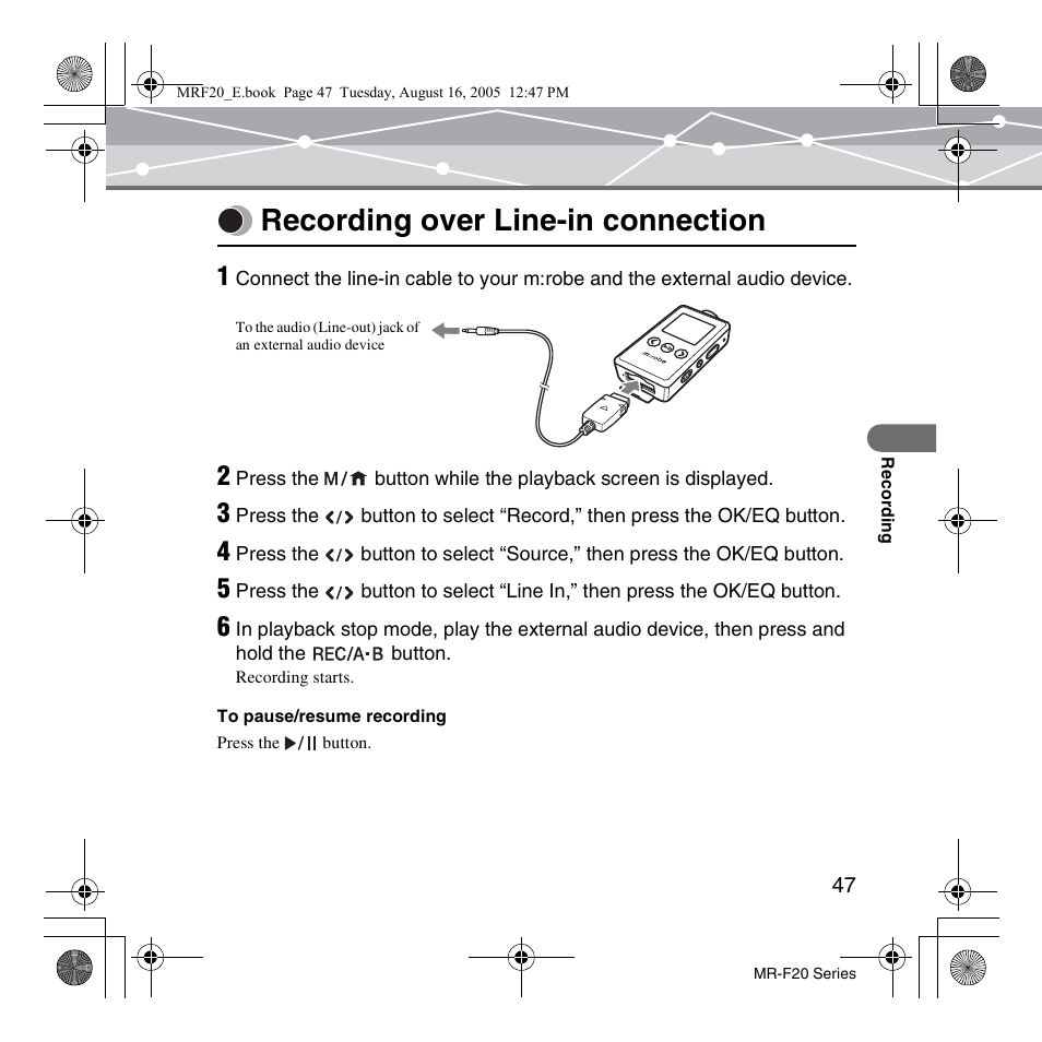 Recording over line-in connection | SRS Labs MR-F20 User Manual | Page 47 / 87