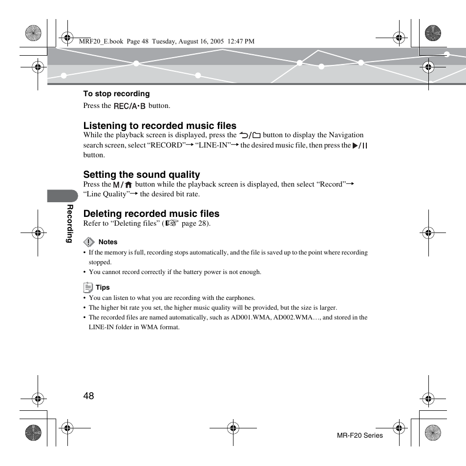 Listening to recorded music files, Setting the sound quality, Deleting recorded music files | SRS Labs MR-F20 User Manual | Page 48 / 87
