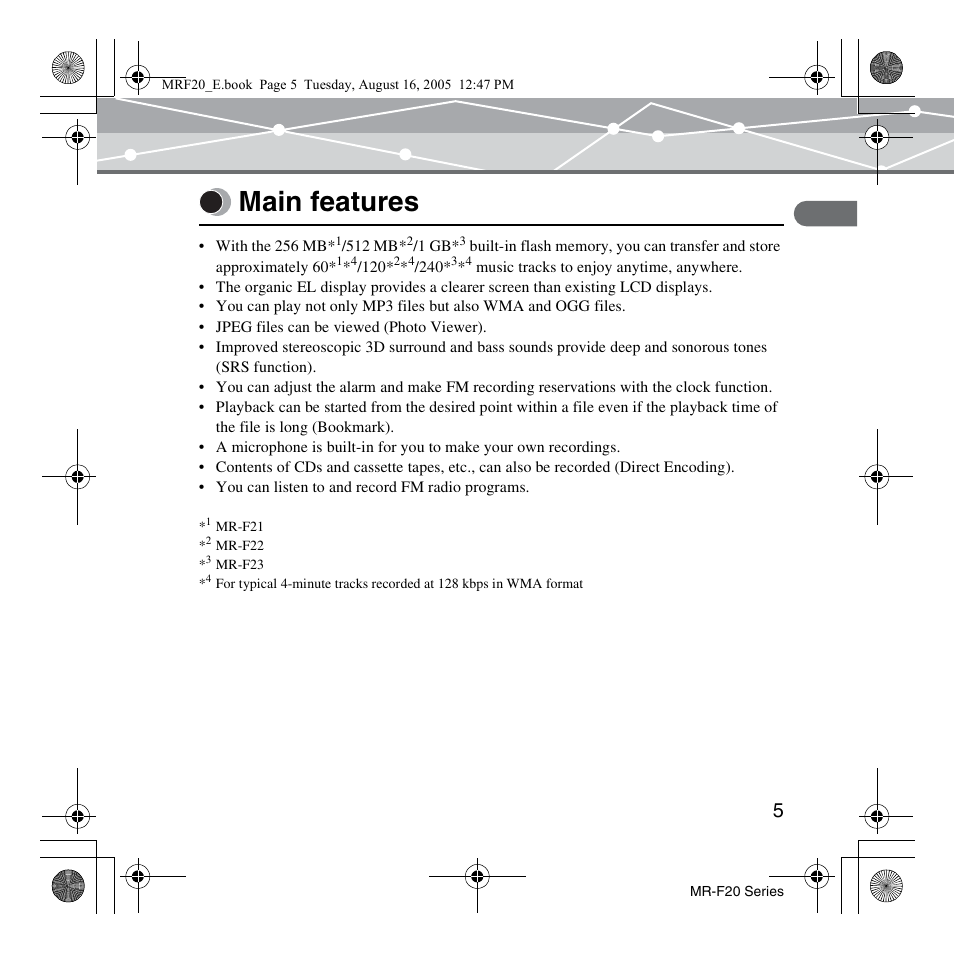 Main features | SRS Labs MR-F20 User Manual | Page 5 / 87