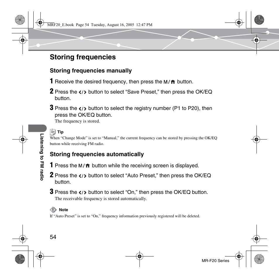 Storing frequencies | SRS Labs MR-F20 User Manual | Page 54 / 87