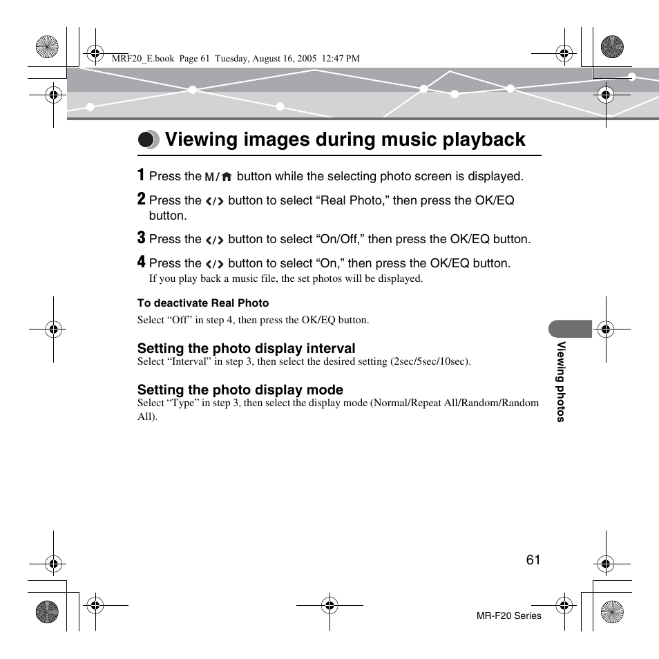 Viewing images during music playback | SRS Labs MR-F20 User Manual | Page 61 / 87