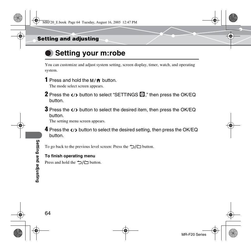 Setting and adjusting, Setting your m:robe, Setting and adjusting setting your m:robe | SRS Labs MR-F20 User Manual | Page 64 / 87