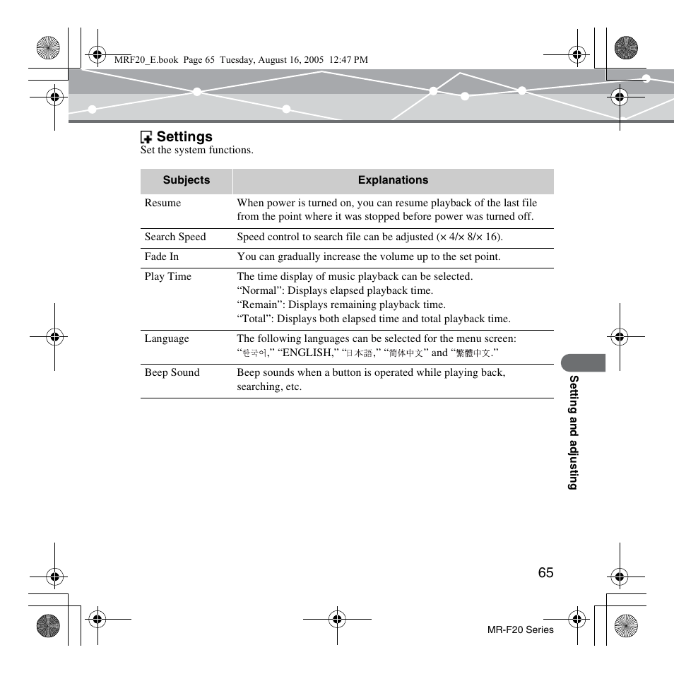 Settings | SRS Labs MR-F20 User Manual | Page 65 / 87