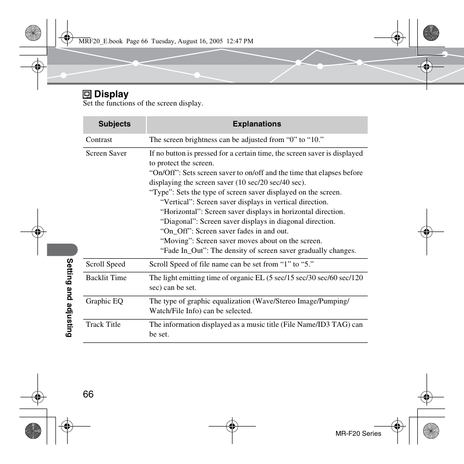 Display | SRS Labs MR-F20 User Manual | Page 66 / 87