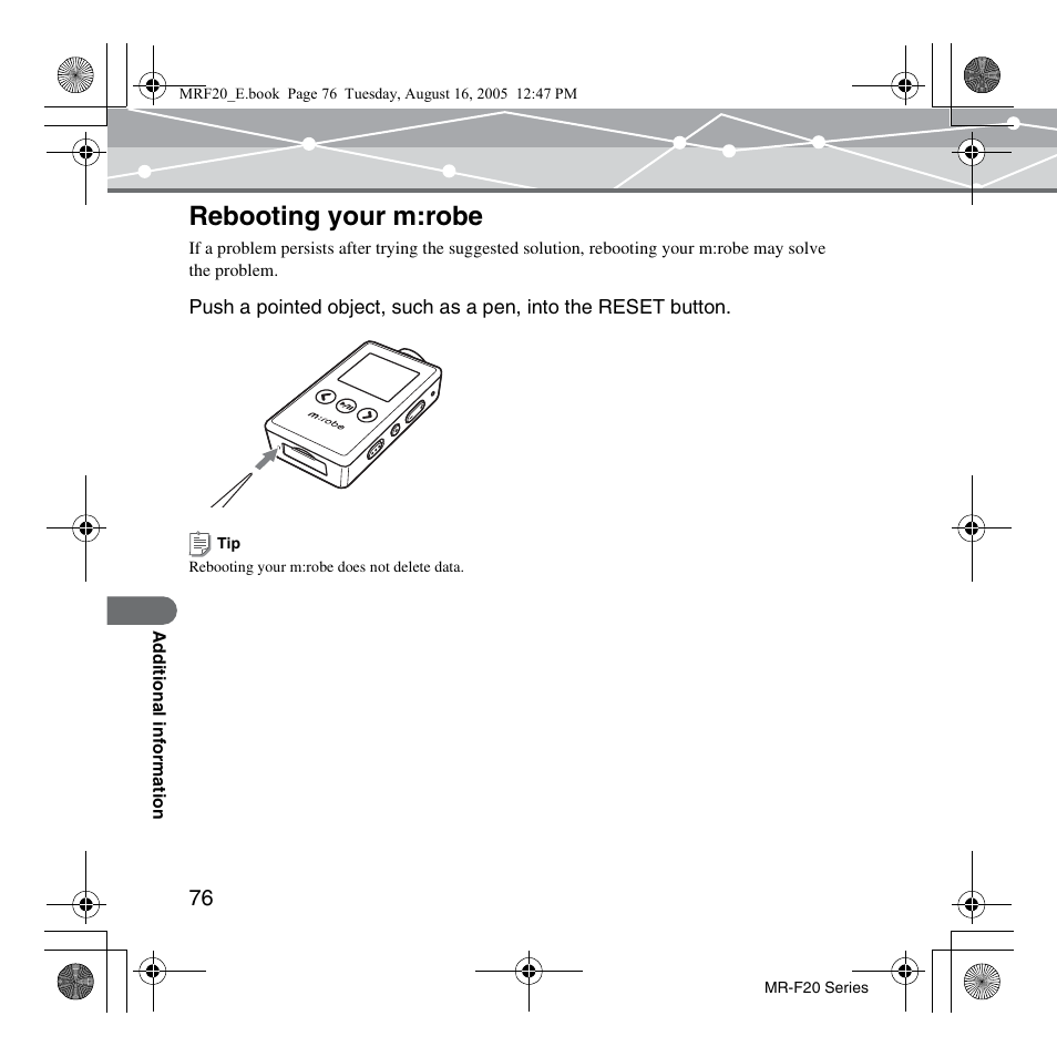 Rebooting your m:robe | SRS Labs MR-F20 User Manual | Page 76 / 87
