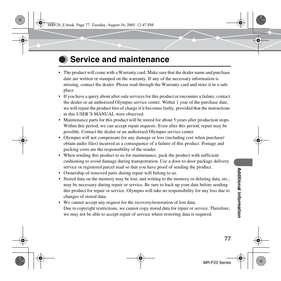 Service and maintenance | SRS Labs MR-F20 User Manual | Page 77 / 87