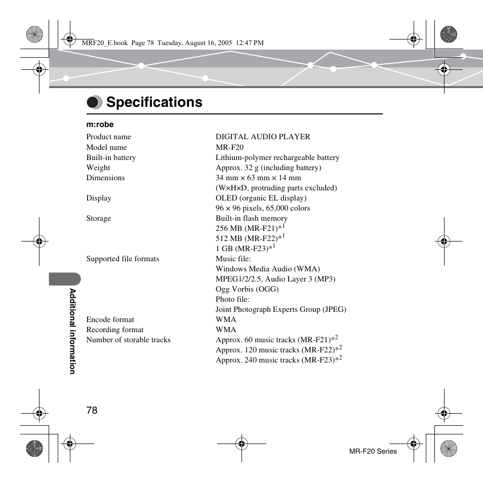 Specifications | SRS Labs MR-F20 User Manual | Page 78 / 87