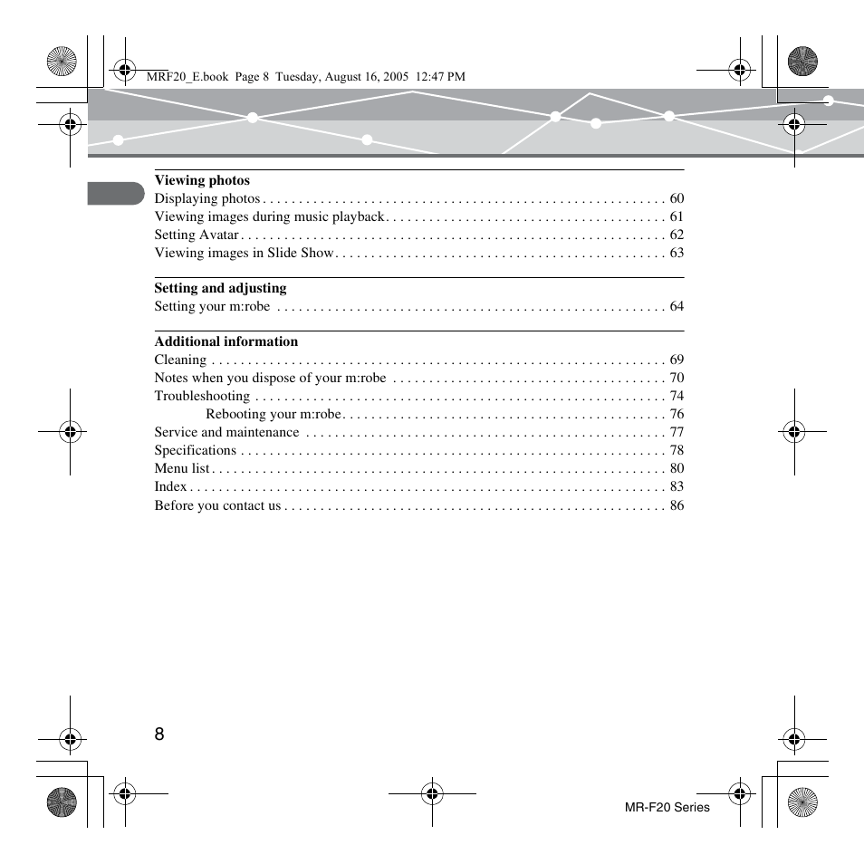 SRS Labs MR-F20 User Manual | Page 8 / 87