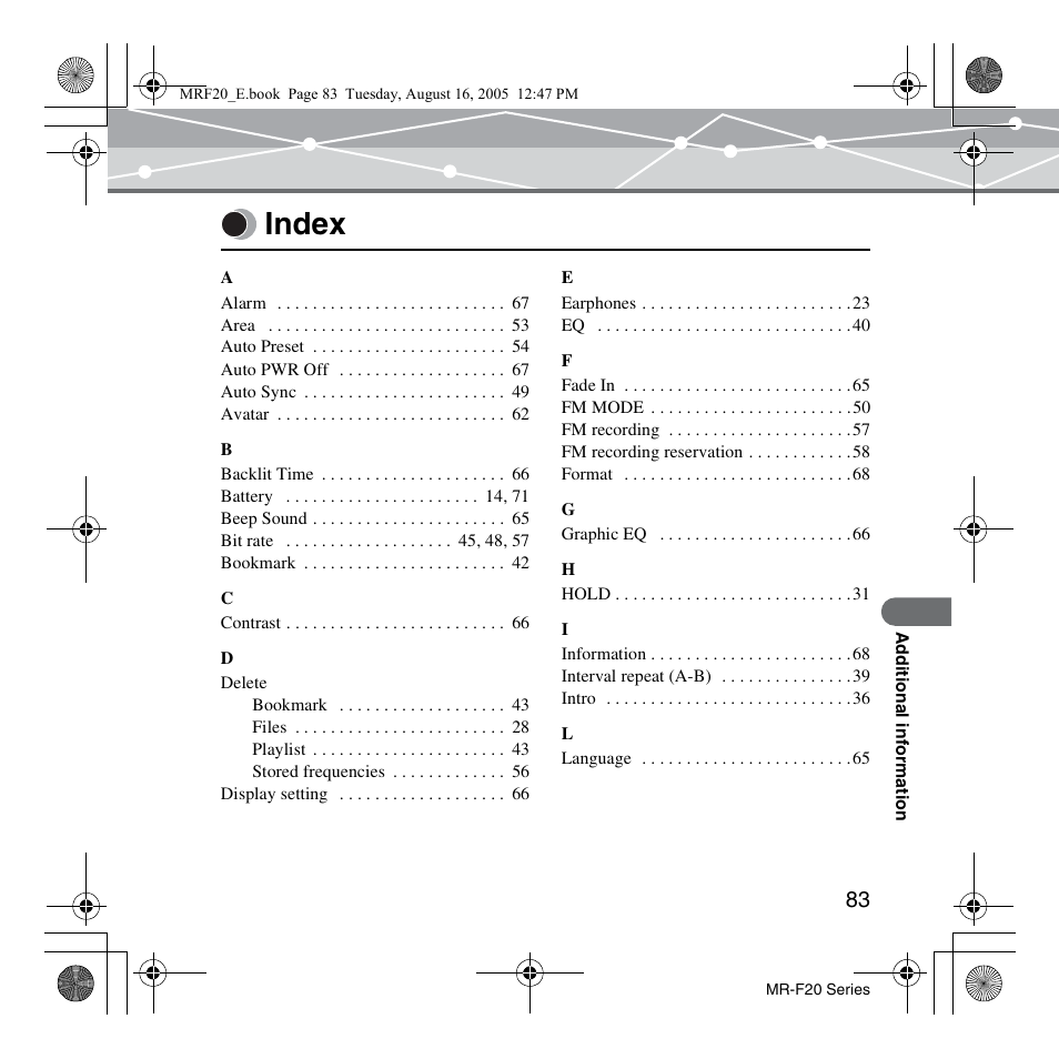 Index | SRS Labs MR-F20 User Manual | Page 83 / 87