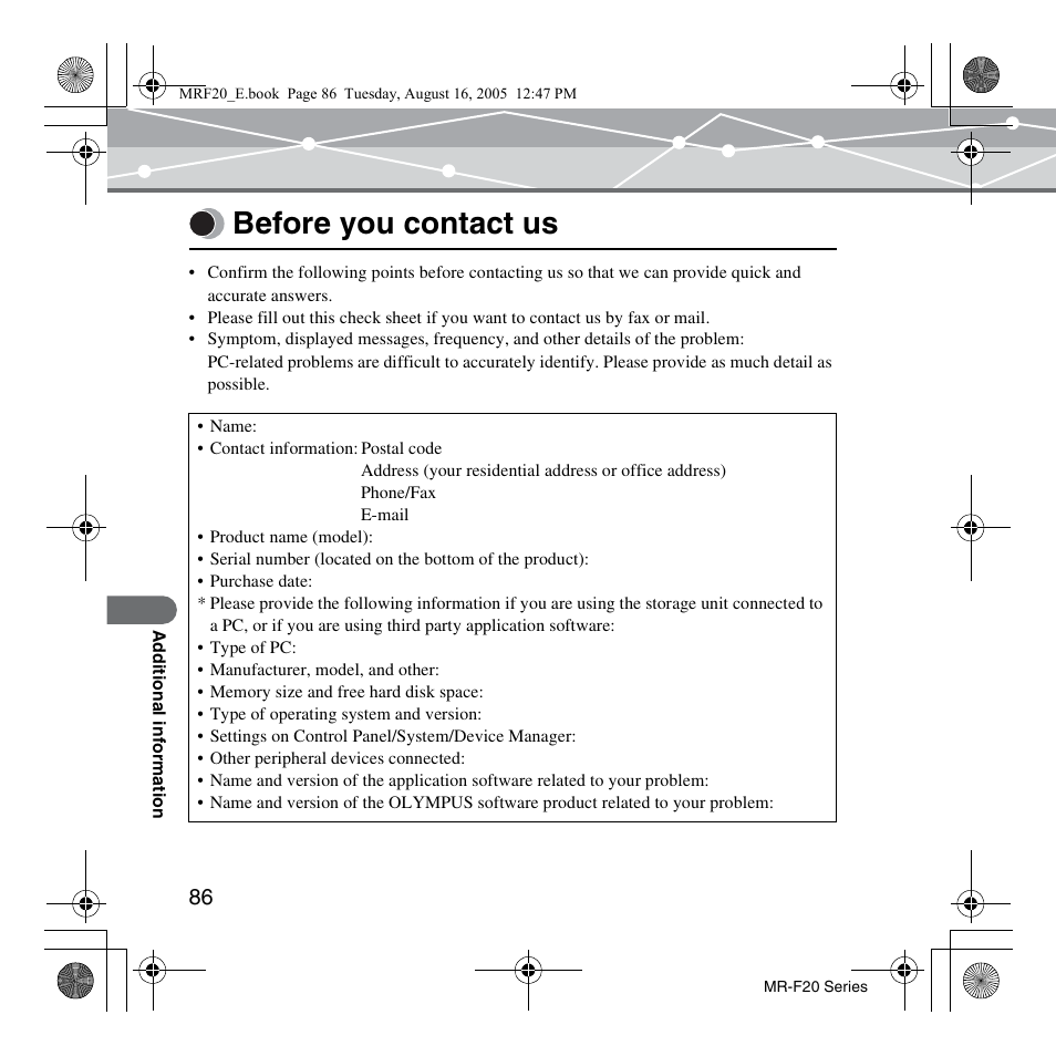 Before you contact us | SRS Labs MR-F20 User Manual | Page 86 / 87