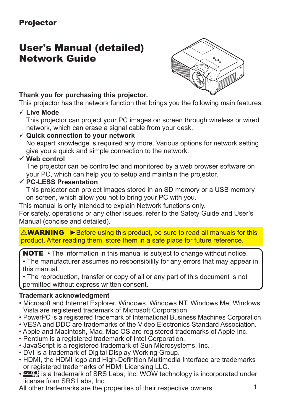 SRS Labs Projector 8953H User Manual | 121 pages