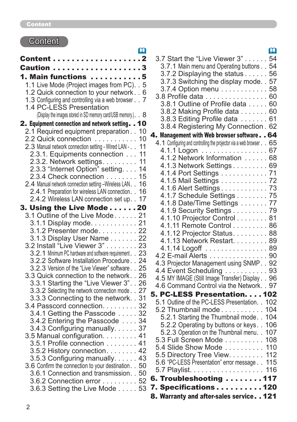 Content | SRS Labs Projector 8953H User Manual | Page 2 / 121