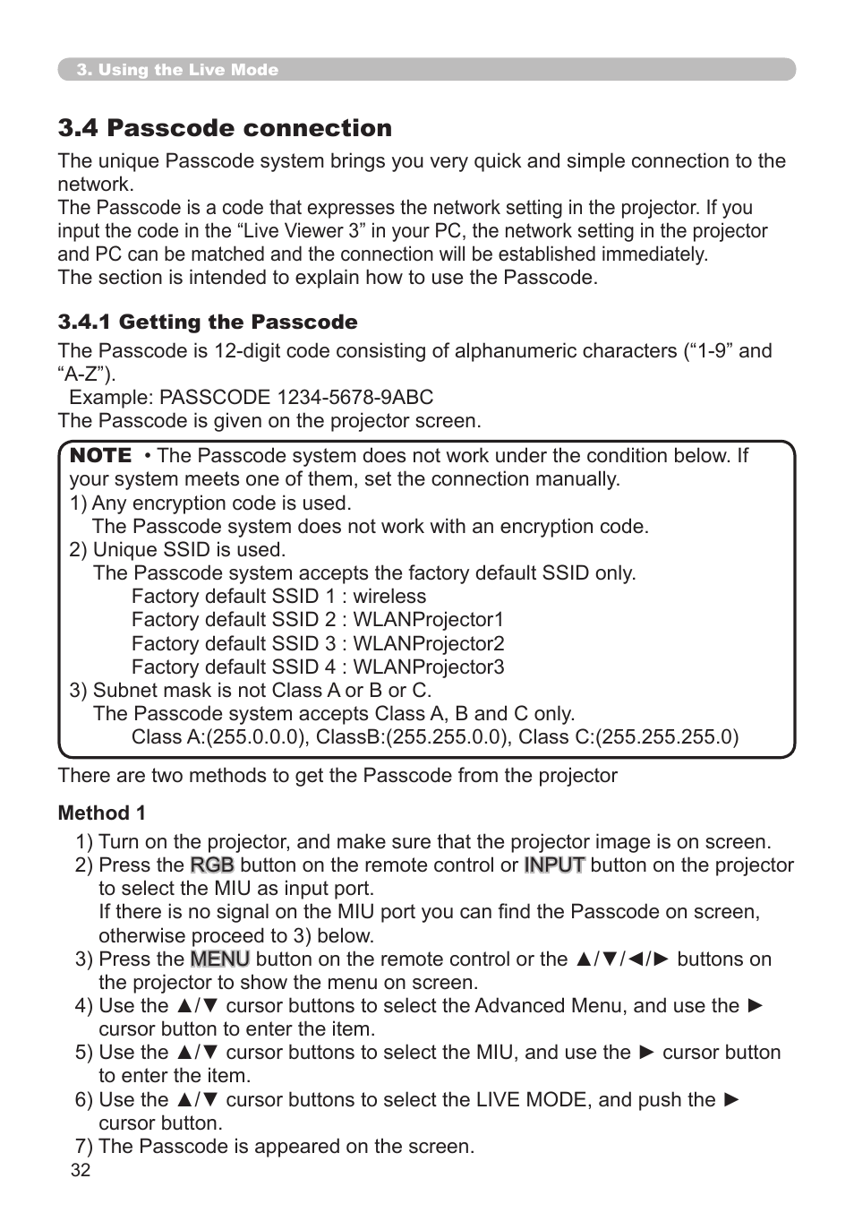 4 passcode connection | SRS Labs Projector 8953H User Manual | Page 32 / 121