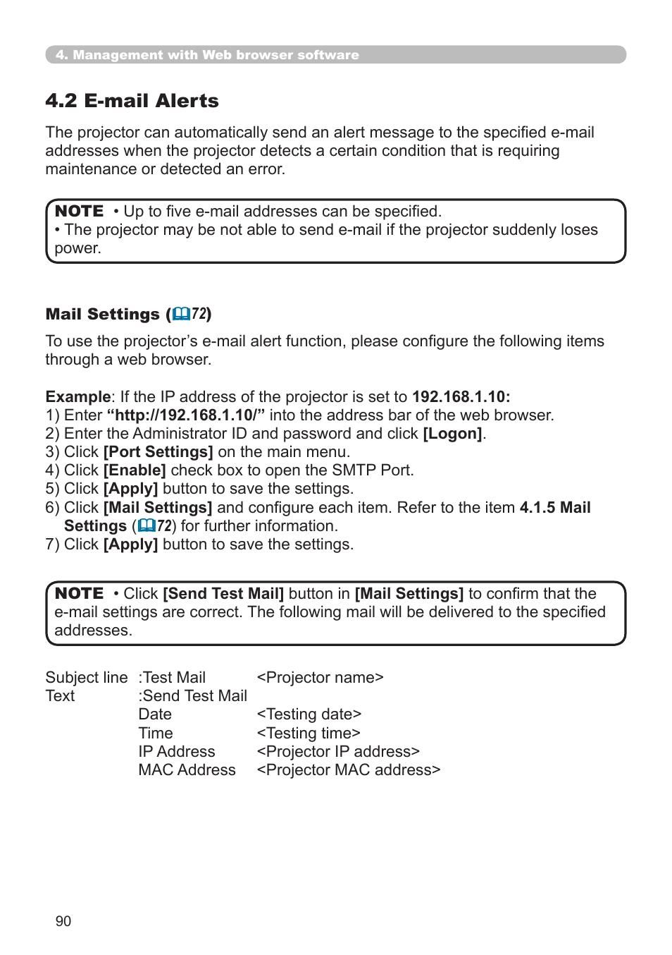 2 e-mail alerts | SRS Labs Projector 8953H User Manual | Page 90 / 121