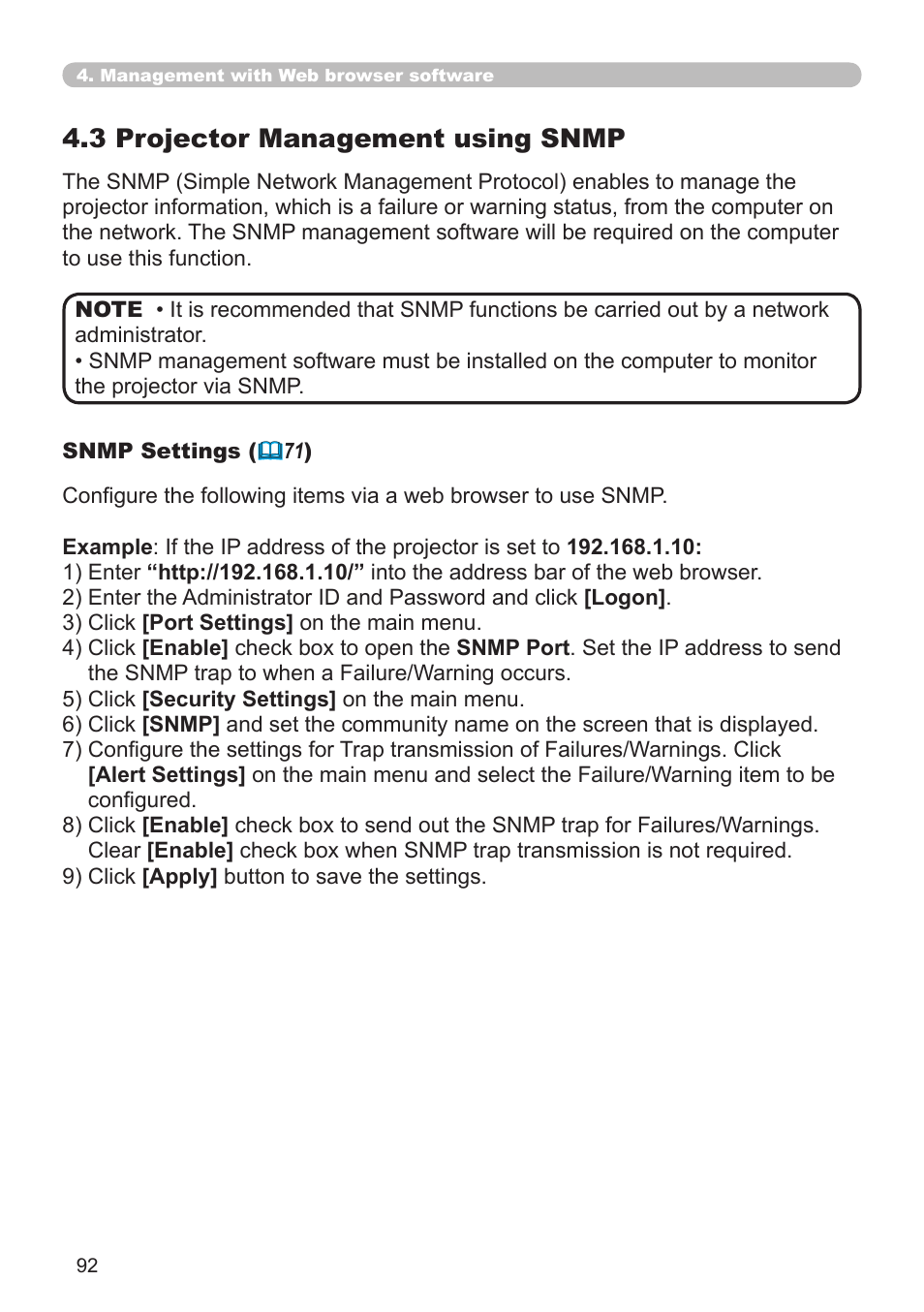 3 projector management using snmp | SRS Labs Projector 8953H User Manual | Page 92 / 121