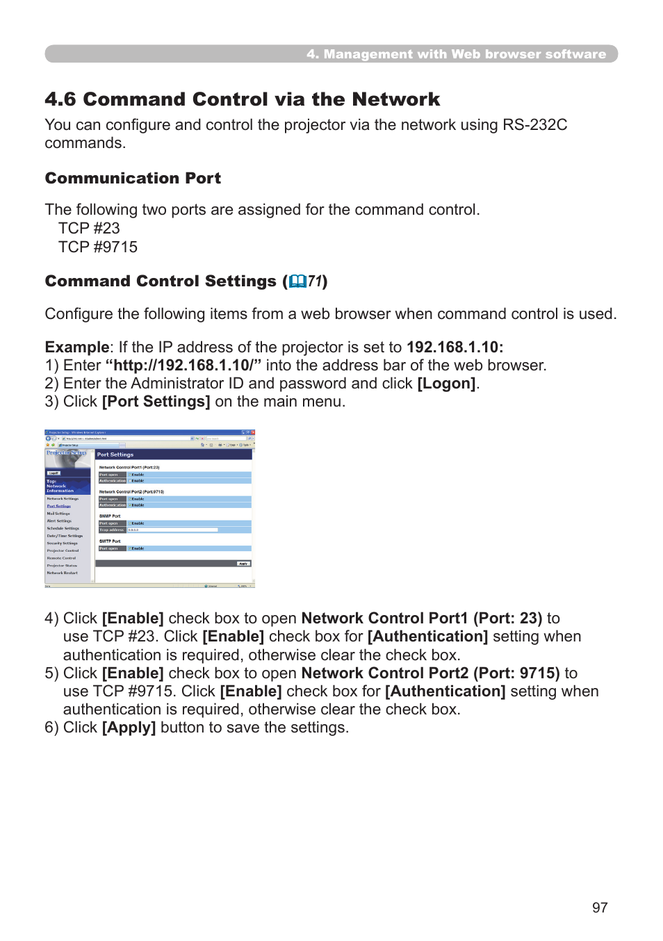 6 command control via the network | SRS Labs Projector 8953H User Manual | Page 97 / 121