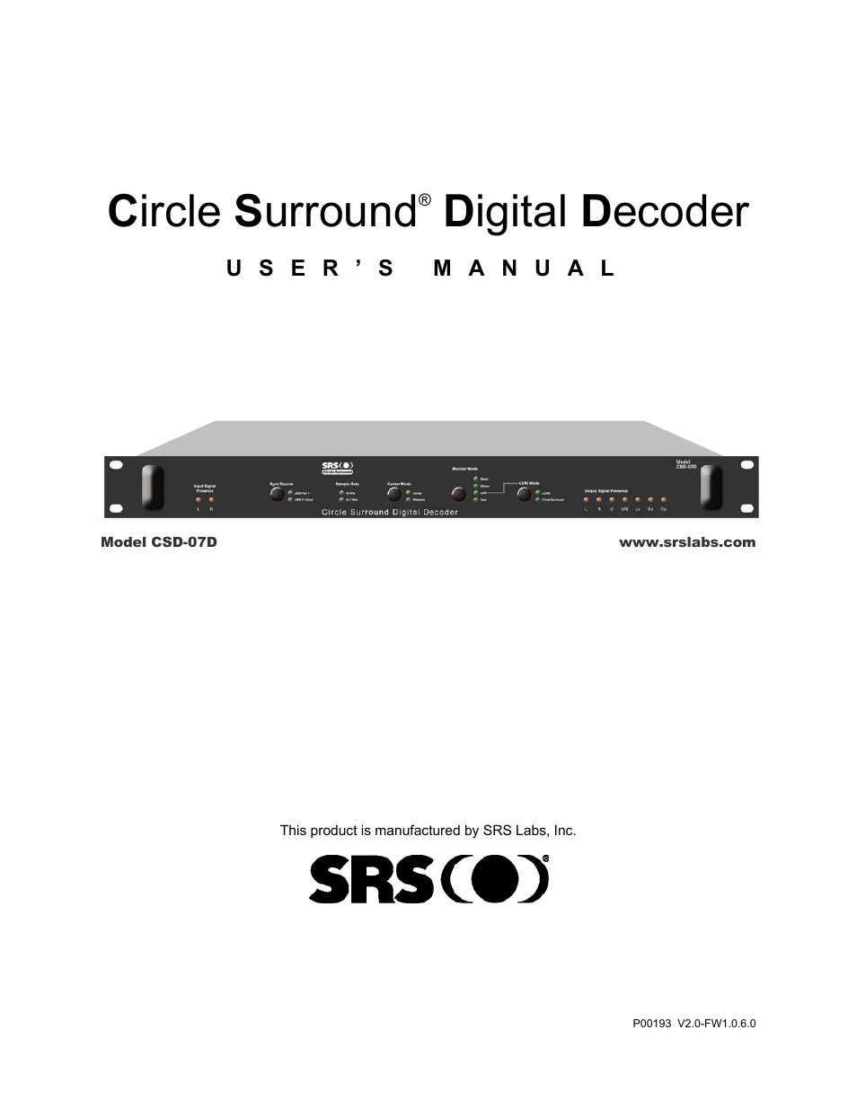 SRS Labs CSD-07D User Manual | 16 pages