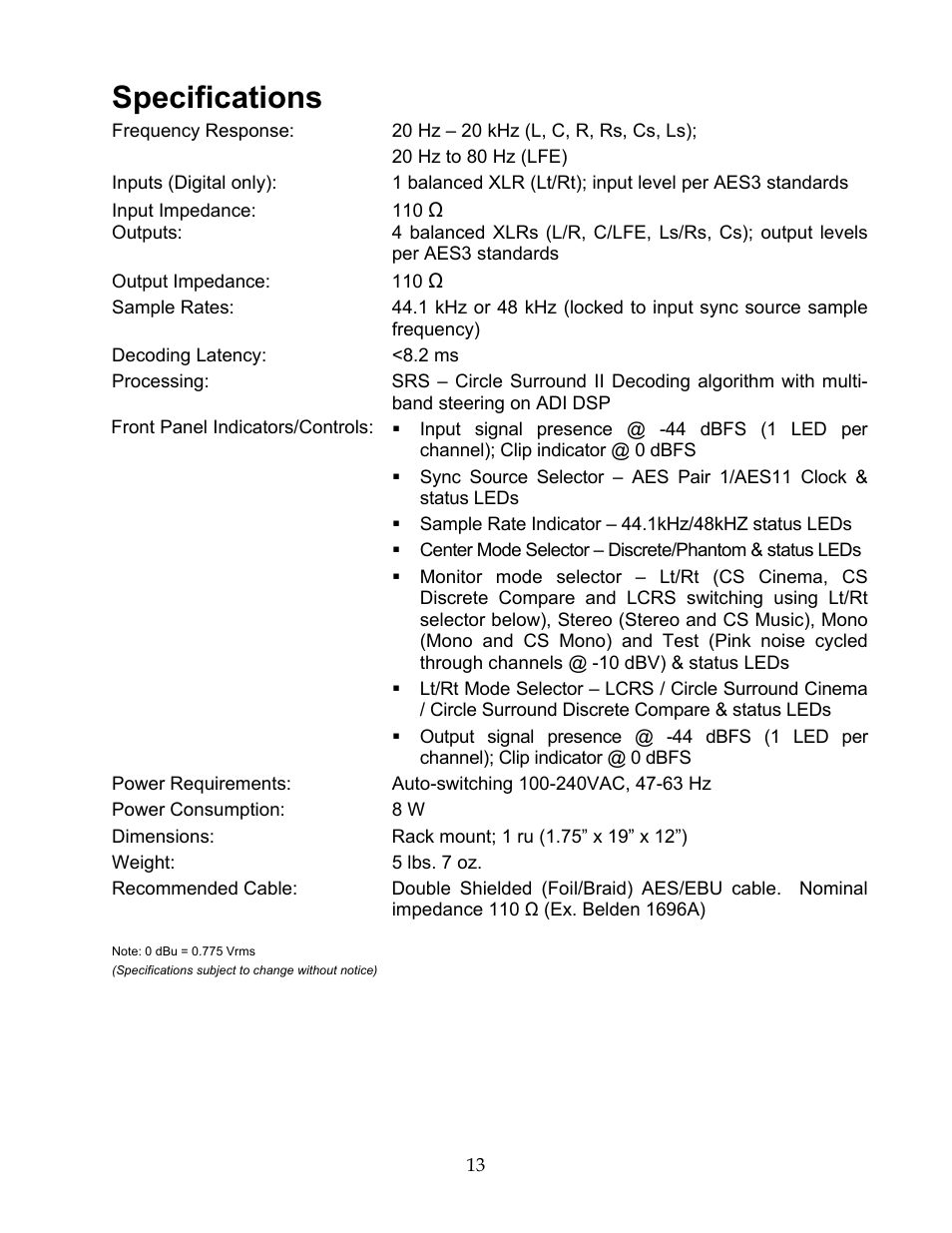 Specifications | SRS Labs CSD-07D User Manual | Page 14 / 16
