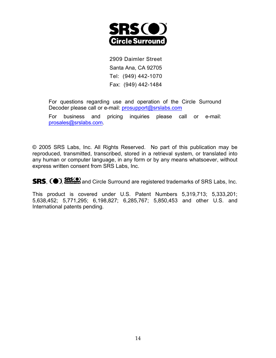 SRS Labs CSD-07D User Manual | Page 15 / 16