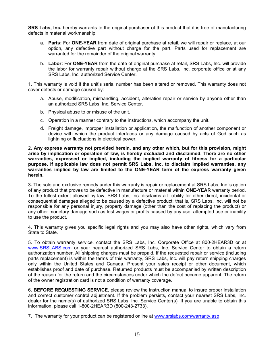 SRS Labs CSD-07D User Manual | Page 16 / 16