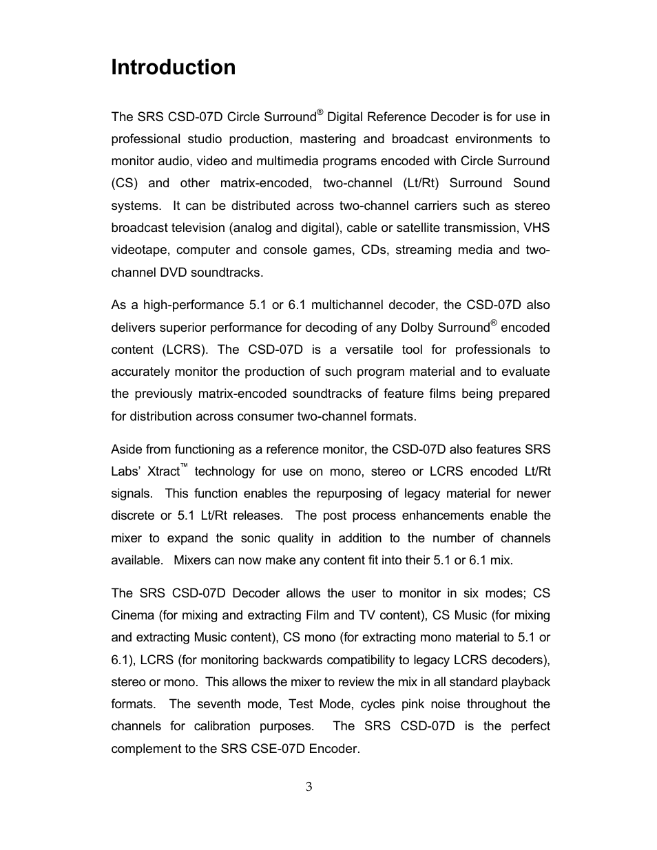 Introduction | SRS Labs CSD-07D User Manual | Page 4 / 16