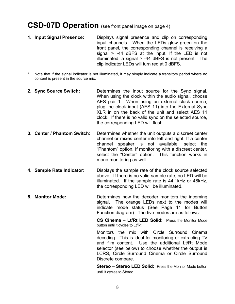 Csd-07d operation | SRS Labs CSD-07D User Manual | Page 9 / 16