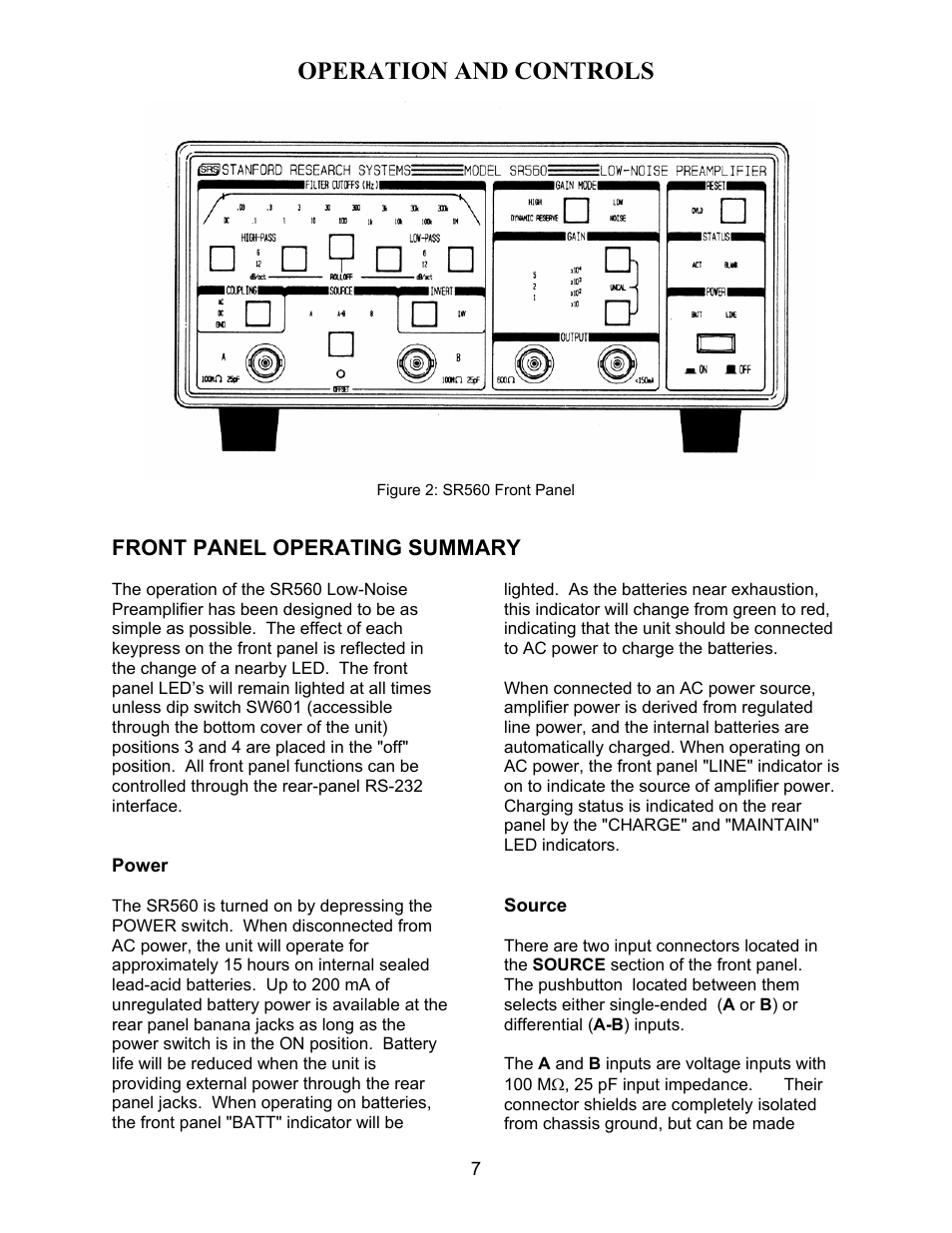 Operation and controls, Front panel operating summary | SRS Labs SR560 User Manual | Page 11 / 46