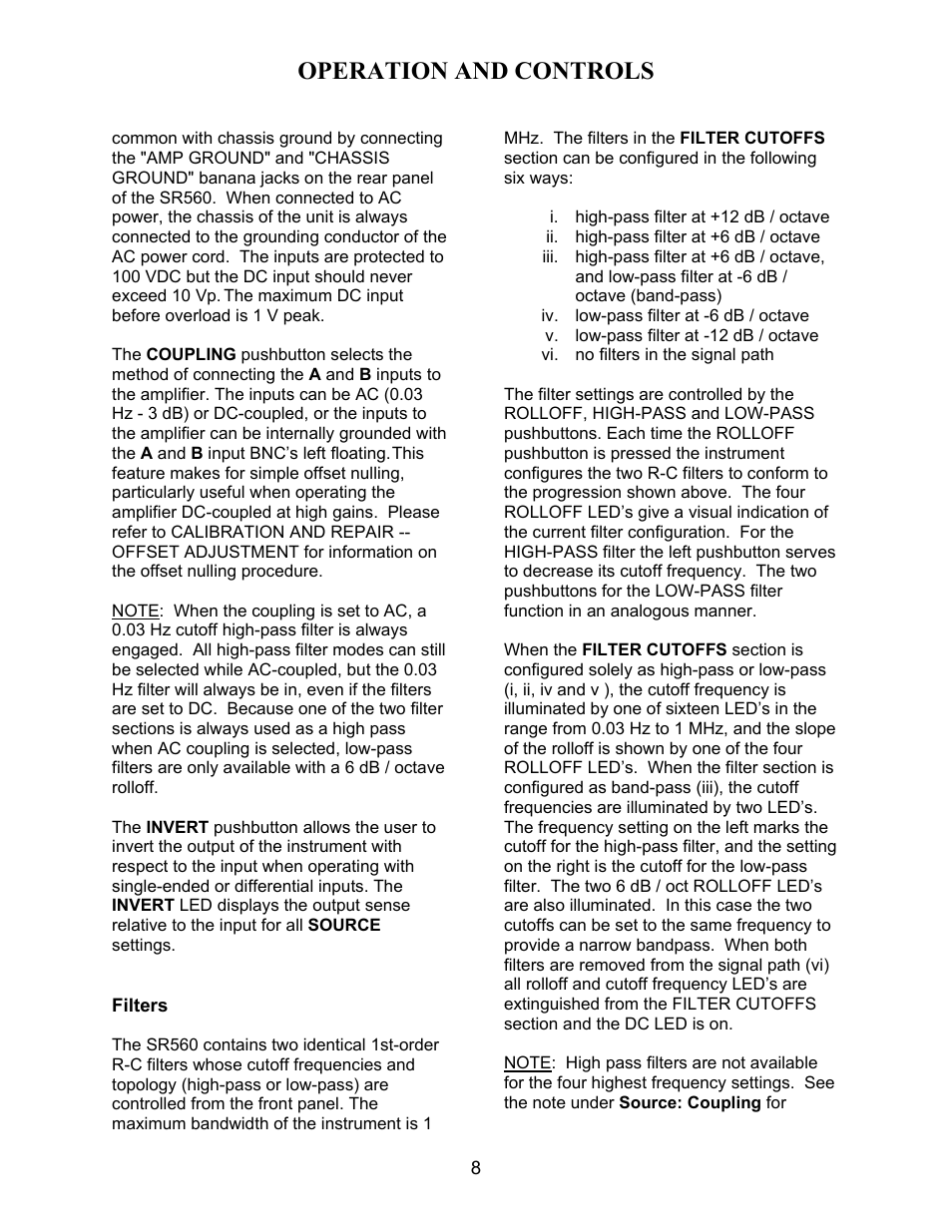 Operation and controls | SRS Labs SR560 User Manual | Page 12 / 46