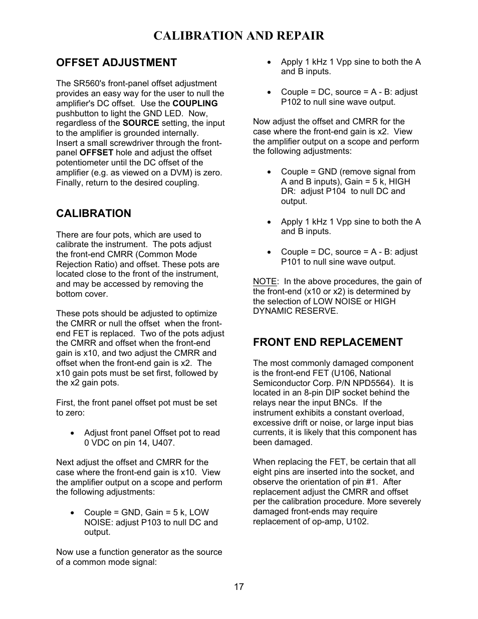 Calibration and repair | SRS Labs SR560 User Manual | Page 21 / 46