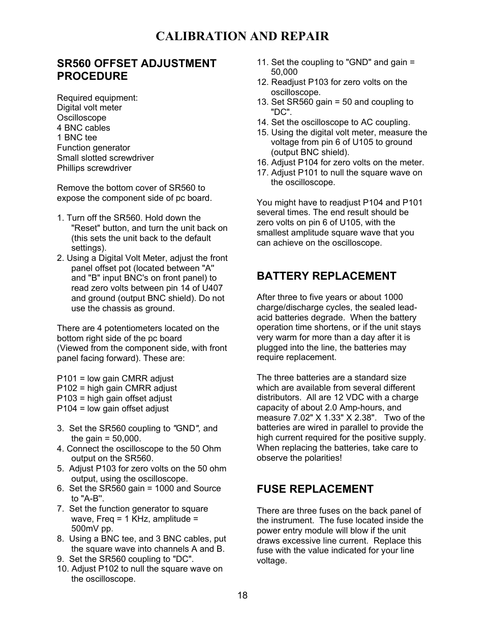 Calibration and repair, Sr560 offset adjustment procedure, Battery replacement | Fuse replacement | SRS Labs SR560 User Manual | Page 22 / 46