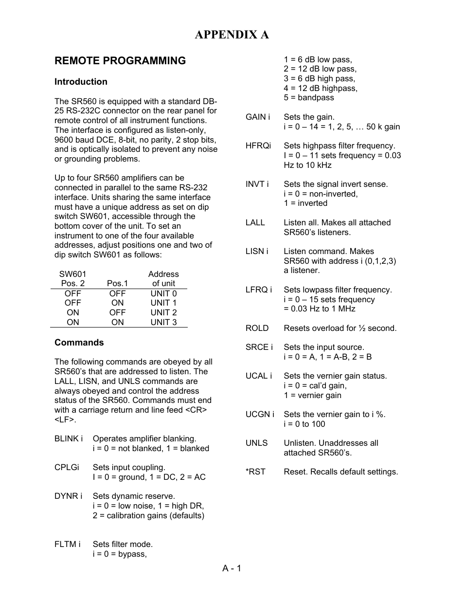 Appendix a, Remote programming | SRS Labs SR560 User Manual | Page 27 / 46
