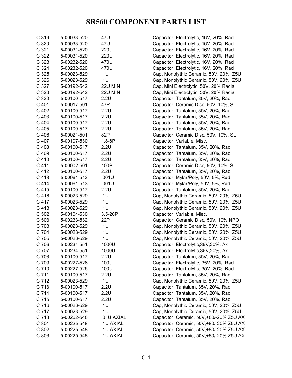 Sr560 component parts list | SRS Labs SR560 User Manual | Page 36 / 46