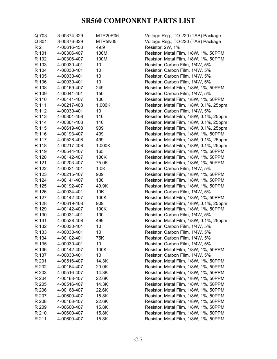 Sr560 component parts list | SRS Labs SR560 User Manual | Page 39 / 46