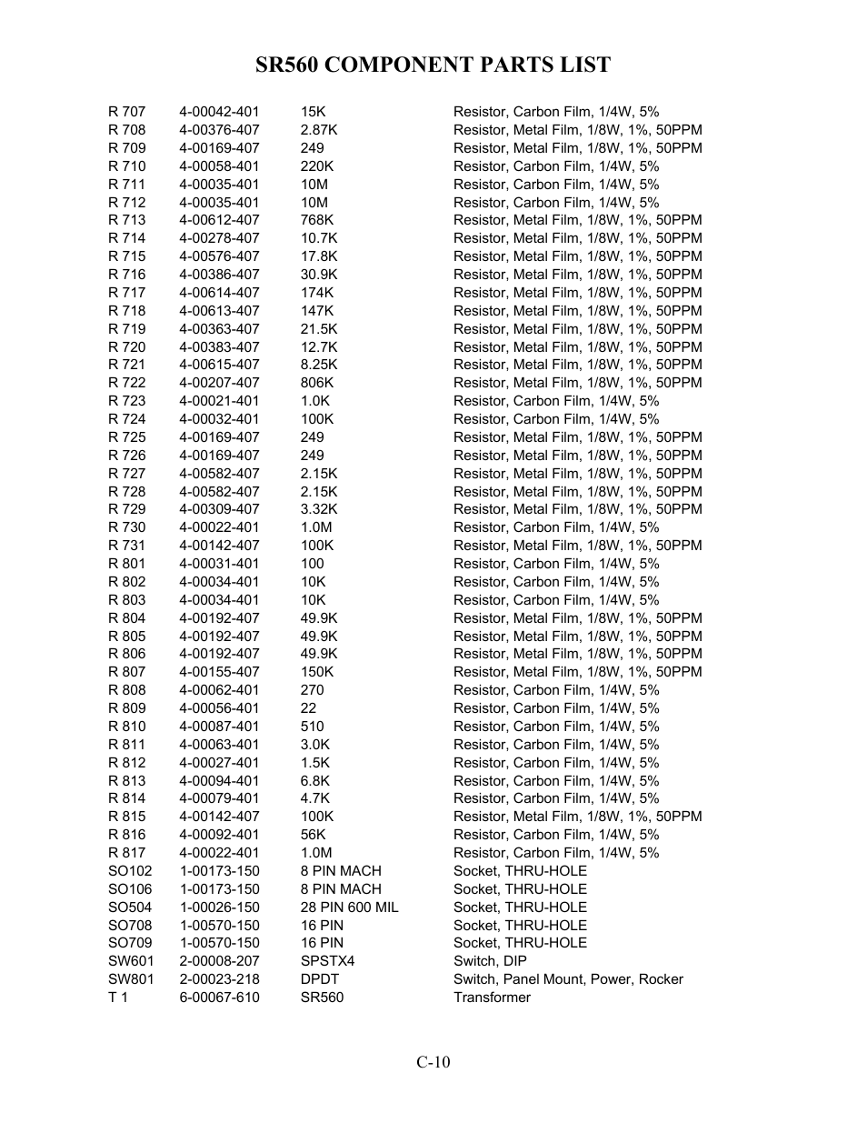 Sr560 component parts list | SRS Labs SR560 User Manual | Page 42 / 46