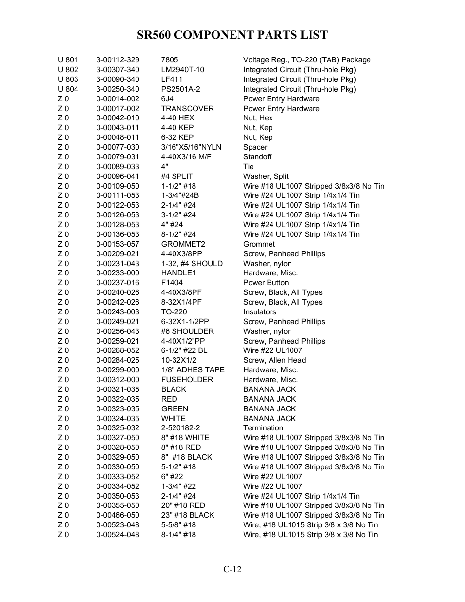 Sr560 component parts list | SRS Labs SR560 User Manual | Page 44 / 46