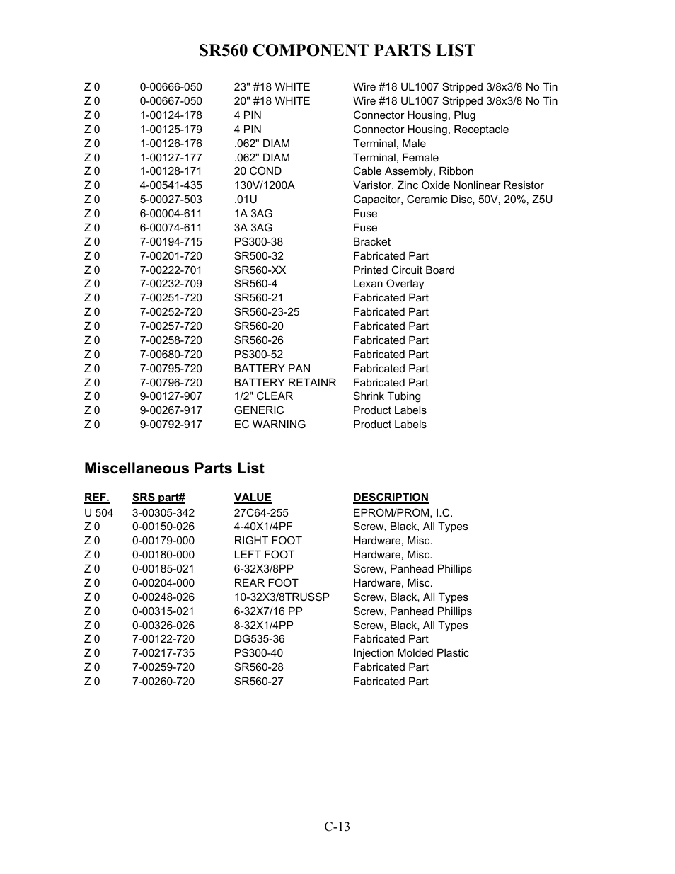 Sr560 component parts list, Miscellaneous parts list | SRS Labs SR560 User Manual | Page 45 / 46