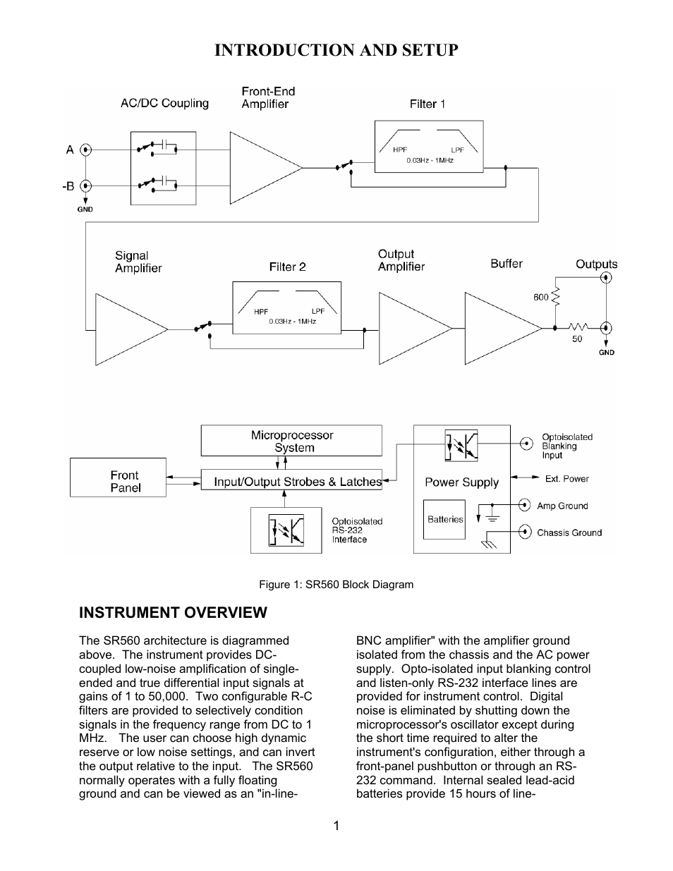 Introduction and setup, Instrument overview | SRS Labs SR560 User Manual | Page 5 / 46