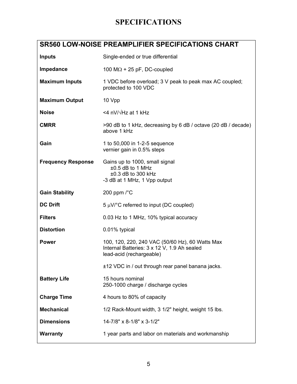 Specifications, Sr560 low-noise preamplifier specifications chart | SRS Labs SR560 User Manual | Page 9 / 46