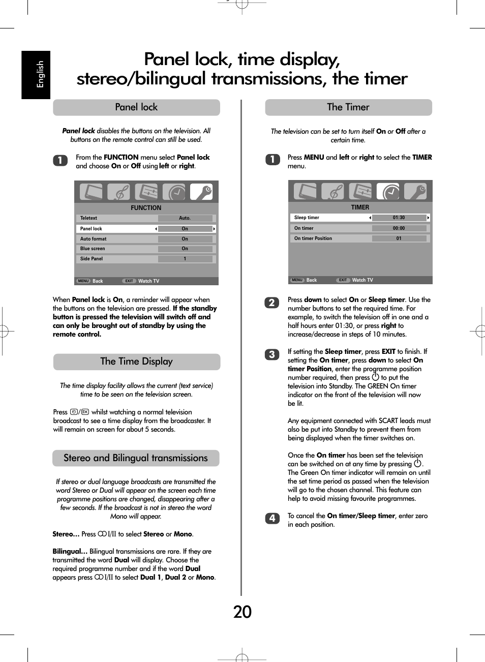Panel lock 1, The timer 2 3 4 1, Stereo and bilingual transmissions | The time display | SRS Labs WL66 User Manual | Page 20 / 28