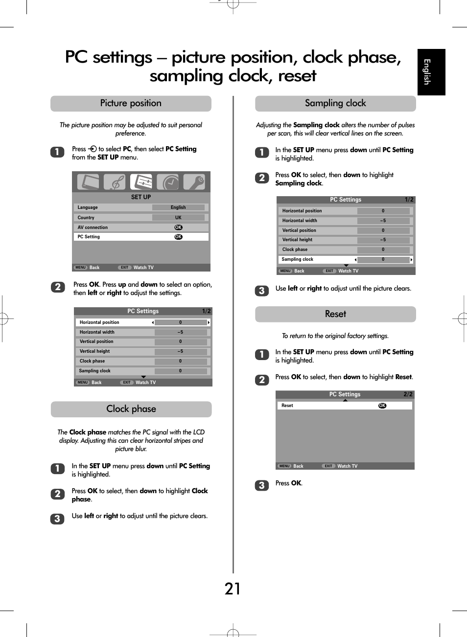 Clock phase, Sampling clock picture position, Reset | English | SRS Labs WL66 User Manual | Page 21 / 28
