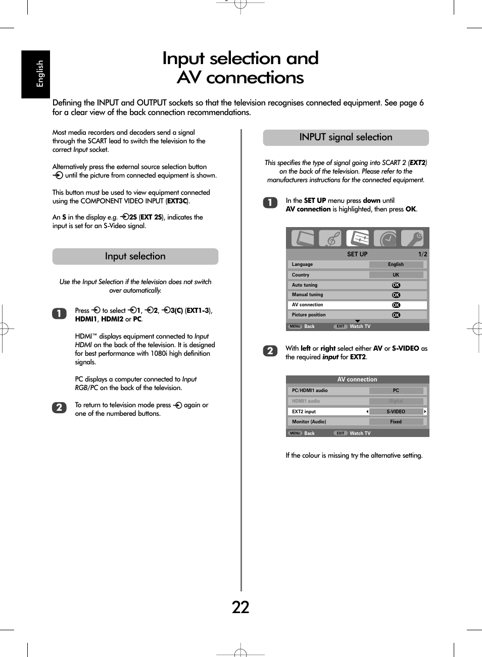 Input selection and av connections, Input selection 1 2, Input signal selection 1 2 | SRS Labs WL66 User Manual | Page 22 / 28