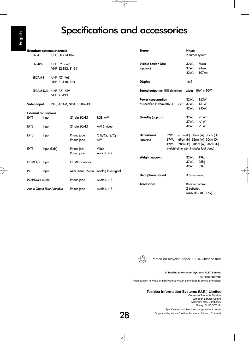 Specifications and accessories, English | SRS Labs WL66 User Manual | Page 28 / 28