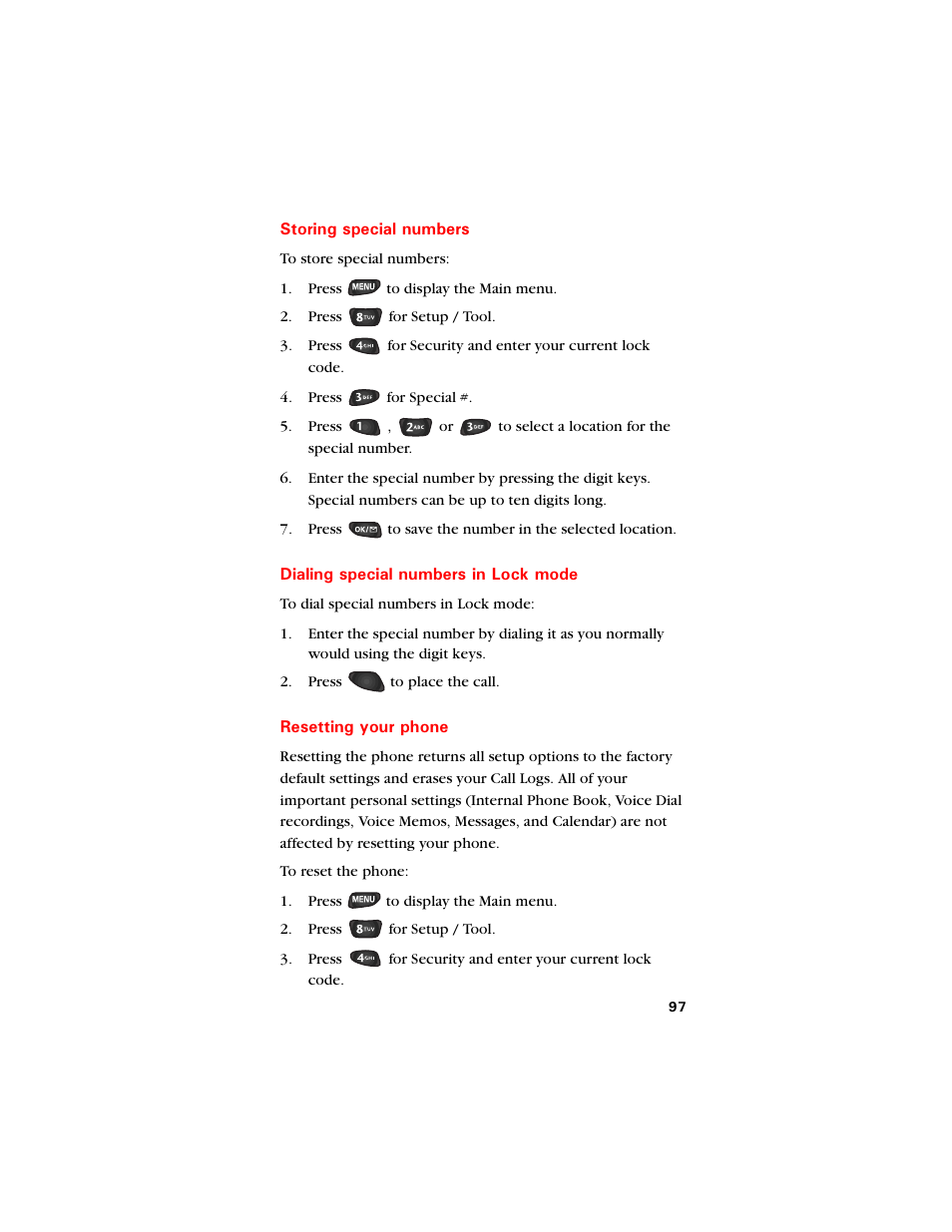 Storing special numbers, Dialing special numbers in lock mode, Resetting your phone | Samsung SCH-8500 User Manual | Page 101 / 138