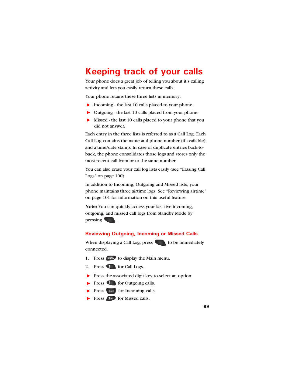 Keeping track of your calls, Reviewing outgoing, incoming or missed calls, Ggrkpi vtcem qh [qwt ecnnu | Ee “reviewing outgoing | Samsung SCH-8500 User Manual | Page 103 / 138