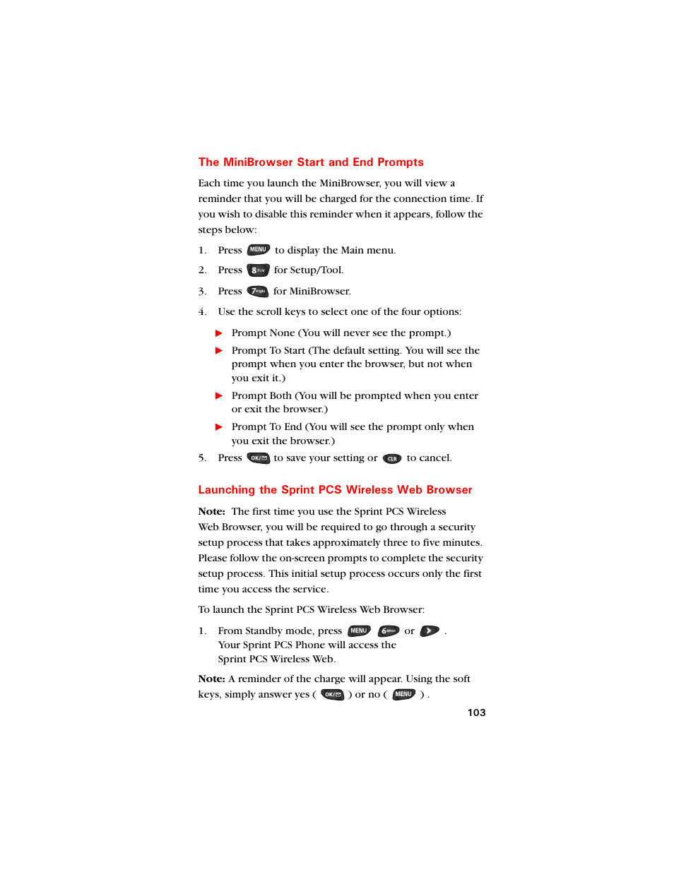 The minibrowser start and end prompts, Launching the sprintpcswirelesswebbrowser, Launching the sprint pcs wireless web browser | Samsung SCH-8500 User Manual | Page 107 / 138